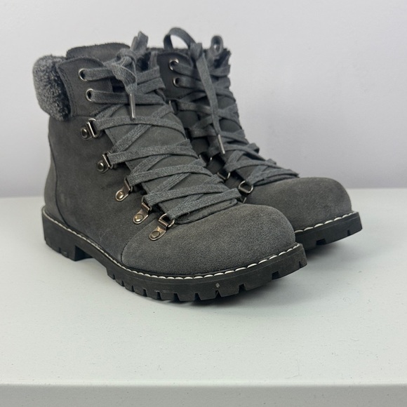 Barbo Gray Suede Leather Fur-Trim Lace-Up Winter Ankle High Boots Metal Cleats - Picture 2 of 14